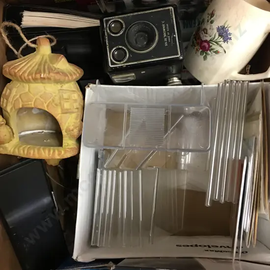 Box Lot Crown Lynn Posy Jug, Battery Charge Station, LP, Books, Perspex Holders Etc